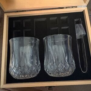 Whiskey Gift Set for Men - 2 Glasses, Wooden Box, Tongs
